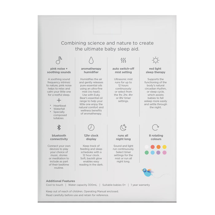 Euky Bear Sweet Dreams Baby Sleep Aid in pink with soothing sounds, aromatherapy humidifier, red light sleep therapy, Bluetooth, 12-hour clock, and 8 night light colours.