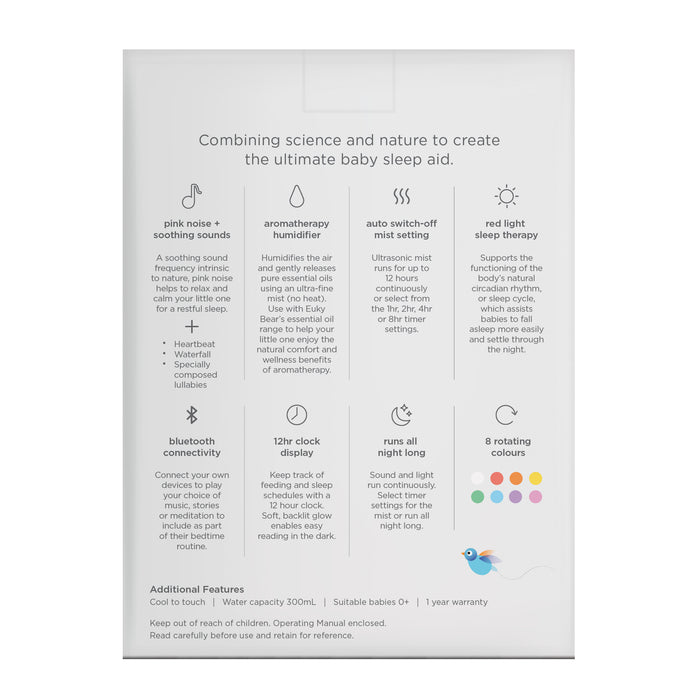 Baby sleep aid with pink noise, aromatherapy humidifier, red light therapy, Bluetooth, clock, and rotating colours.