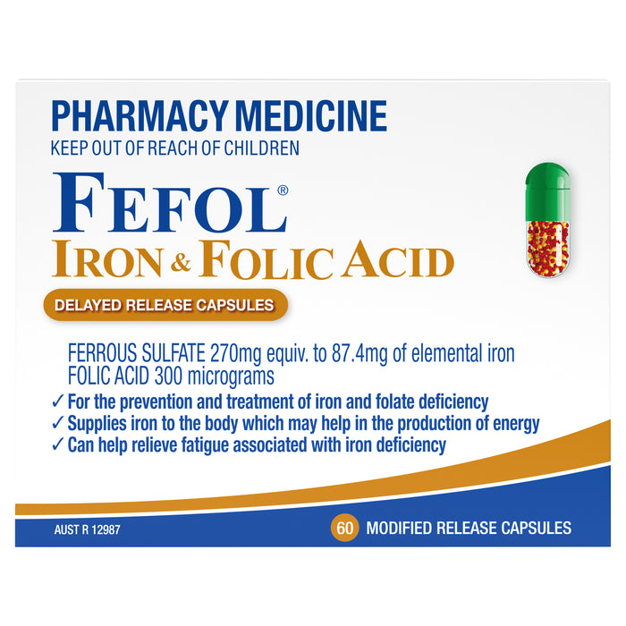 Fefol Iron & Folate Supplement 60 Capsules with delayed release capsules providing iron and folic acid for managing deficiency and improving vitality.