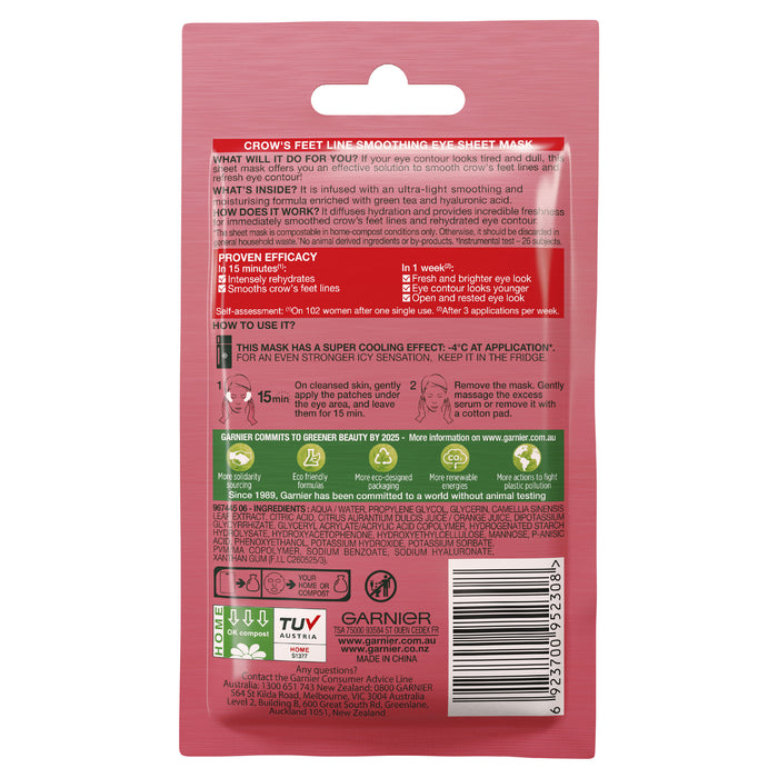 Garnier Hydra Bomb Hyaluronic Acid + Green Tea Anti Ageing Eye Sheet Mask 6g