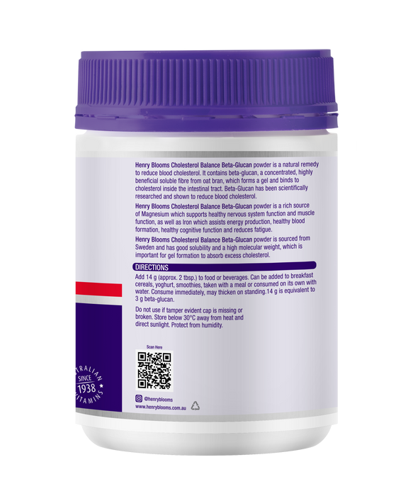 Henry Blooms Cholesterol Balance Beta Glucan 200g Powder.