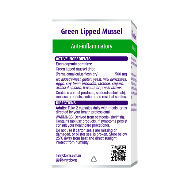 Henry Blooms Green Lipped Mussel 500mg 60 Capsules.