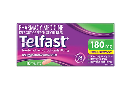 Telfast allergy relief medication packaging with purple and green design.