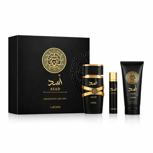 Lattafa Asad 3 Piece EDP Gift Set 100ml EDP+ 12ml Travel EDP+ 100ml Shower Gel.