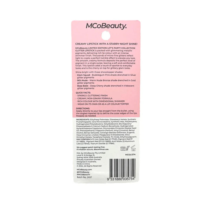 MCo Beauty Let's Party Collection Glitter Lipstick Boss Babe 3g