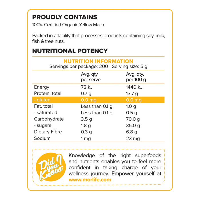 Morlife Maca Yellow Certified Powder 100g