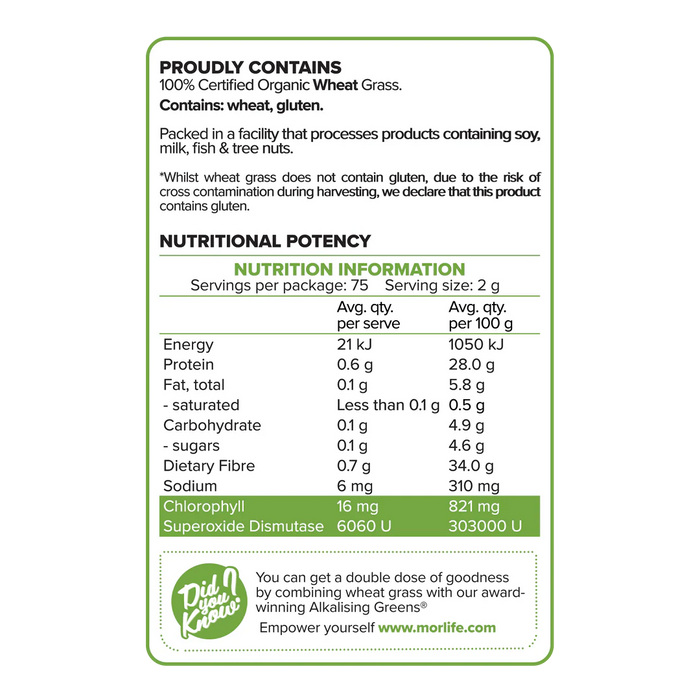 Morlife Wheat Grass Certified Organic 700g