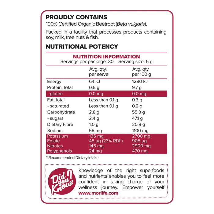 Morlife Beetroot Certified Organic Powder 150g