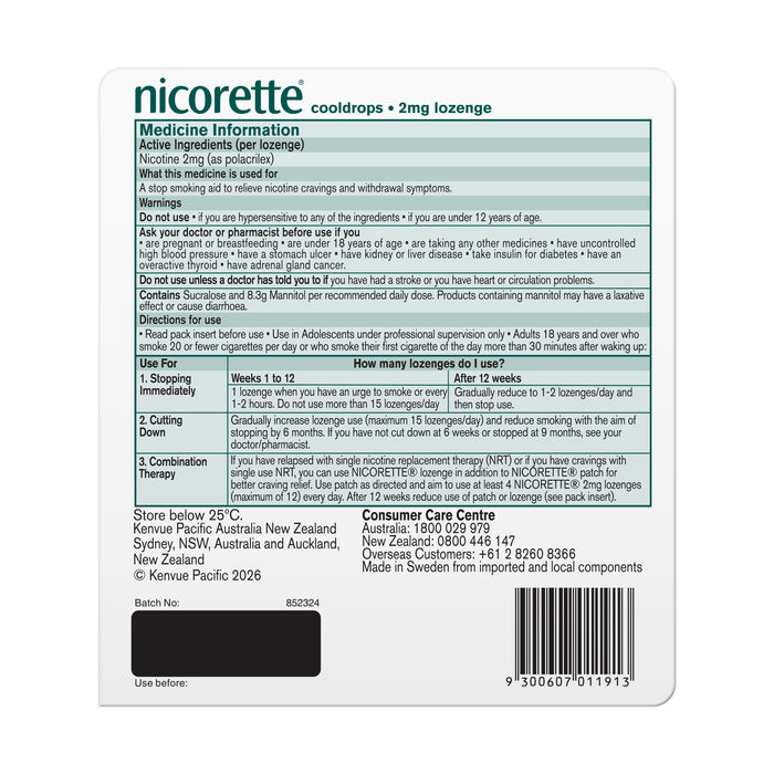 Nicorette Cool Drops Lozenge Icy Mint 2mg 160