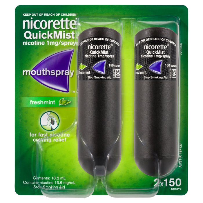 Front packaging of Nicorette Quick Mist Duo Spray 2x150 in freshmint flavor, featuring two black nicotine mouthspray bottles with 150 sprays each, designed for fast nicotine craving relief; labeled as 1mg/spray stop smoking aid.