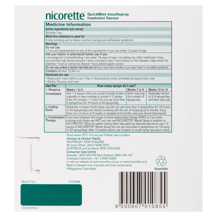 Back label of Nicorette Quick Mist Duo Spray 2x150 showing dosage instructions, usage guide for stopping smoking, cutting down, and combination therapy, along with manufacturer information, storage instructions, barcode, and customer care details.