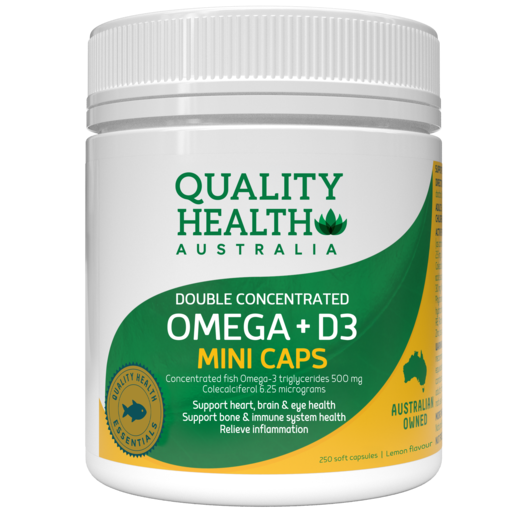 Quality Health Double Concentrate Omega + Vitamin D 250 Mini Capsules