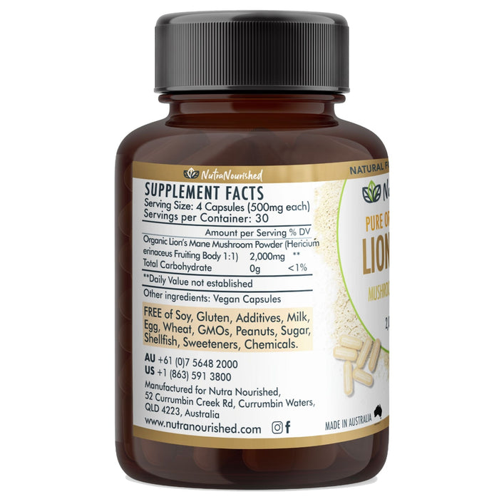 Nutra Nourished Organic Lions Mane Mushroom Powder 120 Capsules.