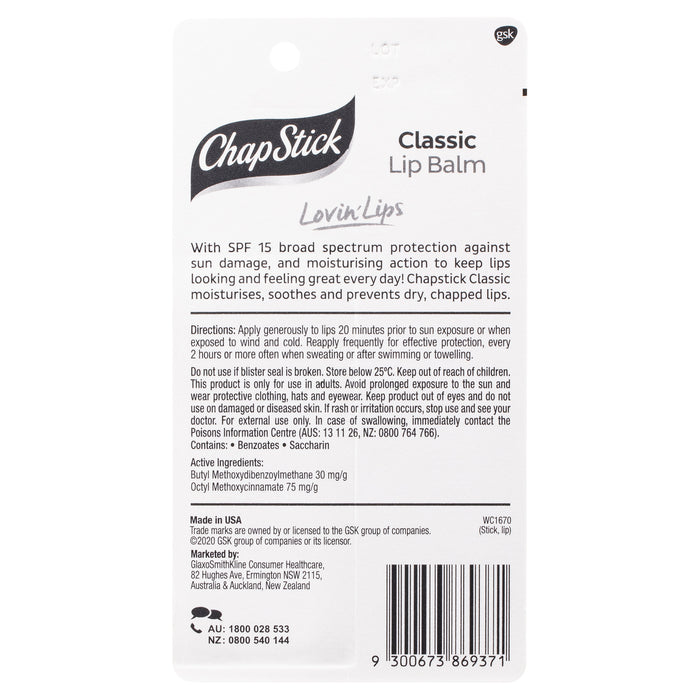 Chapstick Lip Balm Classic SPF15 4.2g.