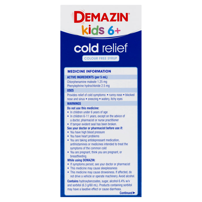 Demazin Cold Relief Colour Free Syrup 200ml