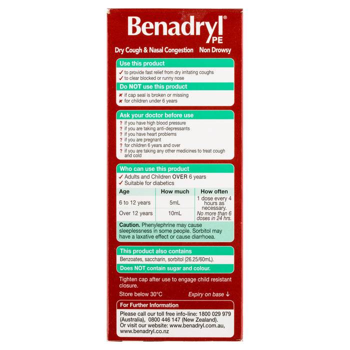 Benadryl PE Cough Liquid Dry Cough & Nasal Congestant 200ml.
