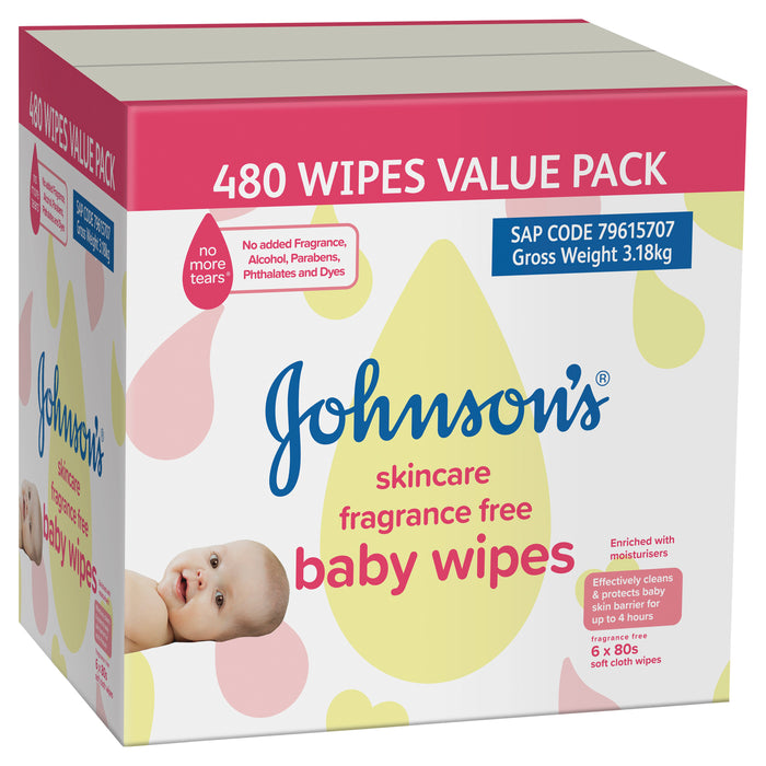 JOHNSON'S® Baby Wipes Fragrance Free Value Pack 6x80