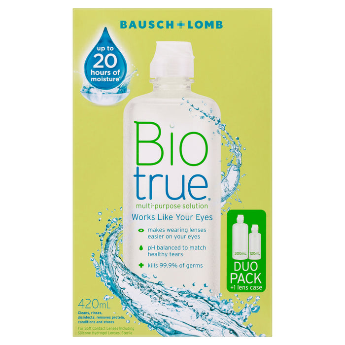 Biotrue Multi-Purpose Solution Duo Pack 300mL + 120mL +2 x Lens Cases.