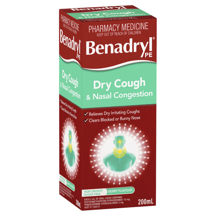 Benadryl PE Cough Liquid Dry Cough & Nasal Congestant 200ml