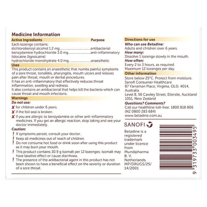 Betadine Anaesthetic Honey & Lemon 36