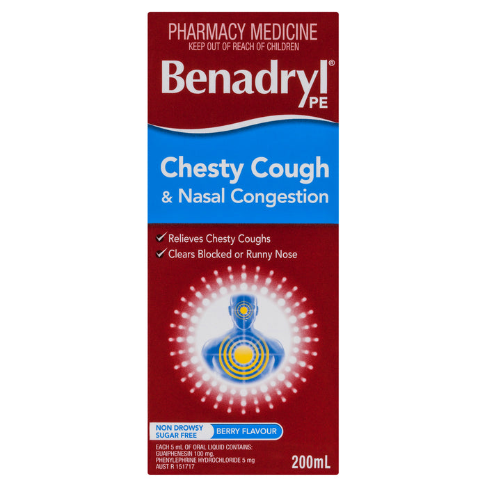 Benadryl PE Cough Liquid Chesty Cough & Nasal Congestant 200ml.