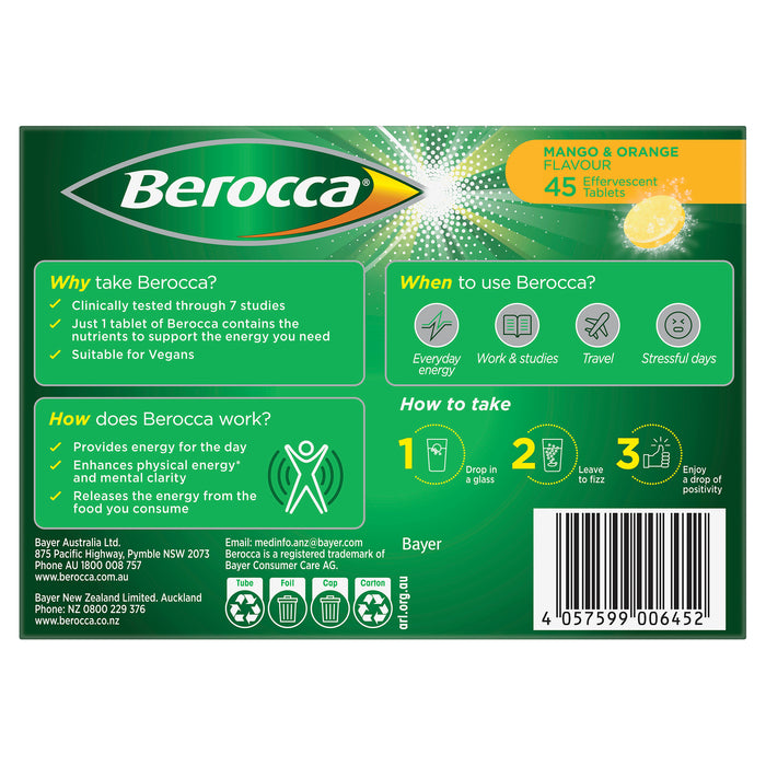 Berocca Energy Mango And Orange Effervescent Tablets 45