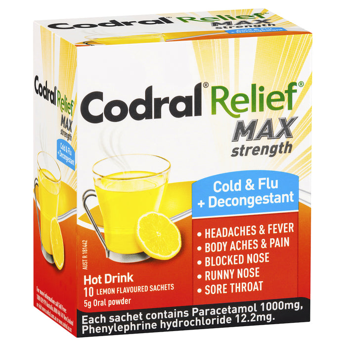 Codral Relief Max Cold & Flu + Decongestant Hot Drink 10