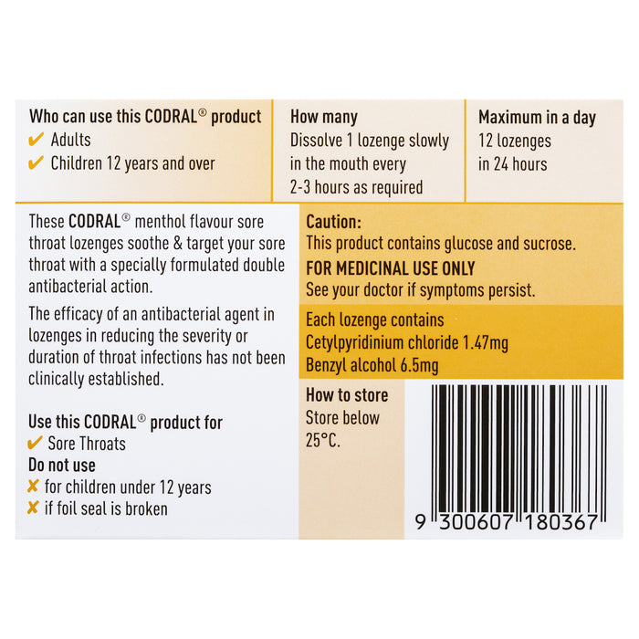 Codral Sore Throat Lozenges Menthol 16
