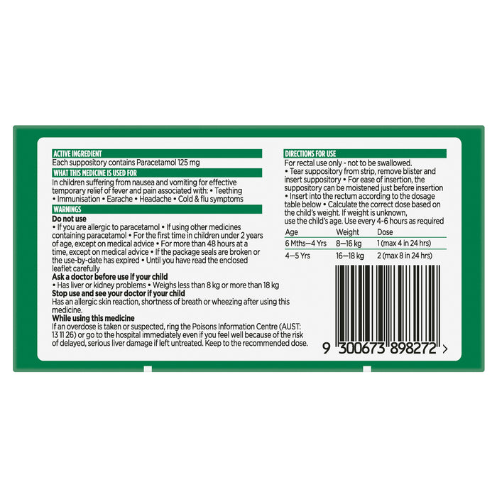 Panadol Children Suppositories 6 Months - 5 Years 125mg 10 Pack