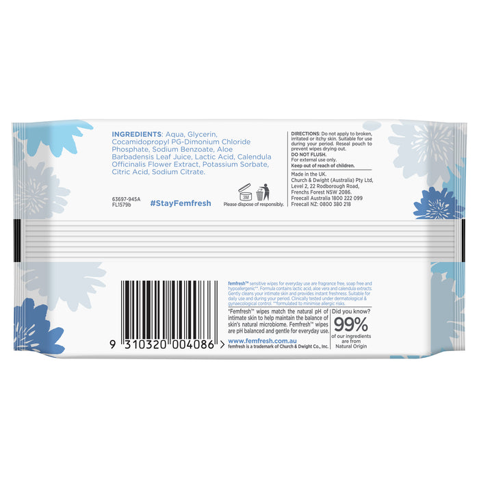 Femfresh Sensitive Wipes 20 Pack.