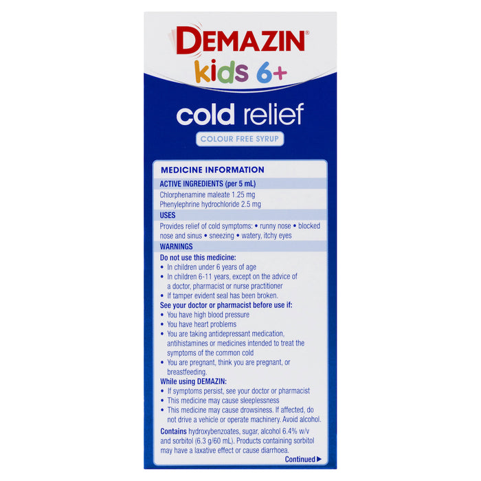 Demazin Cold Relief Colour Free Syrup 200ml