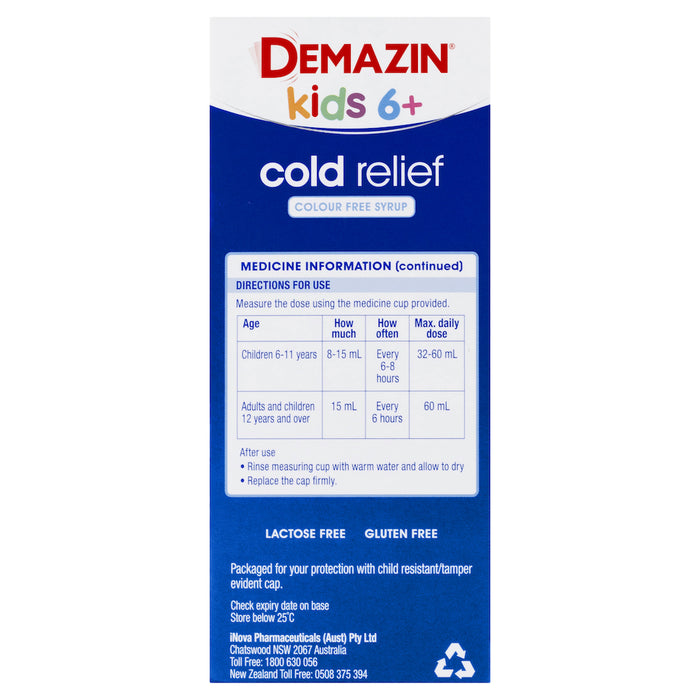 Demazin Cold Relief Colour Free Syrup 200ml