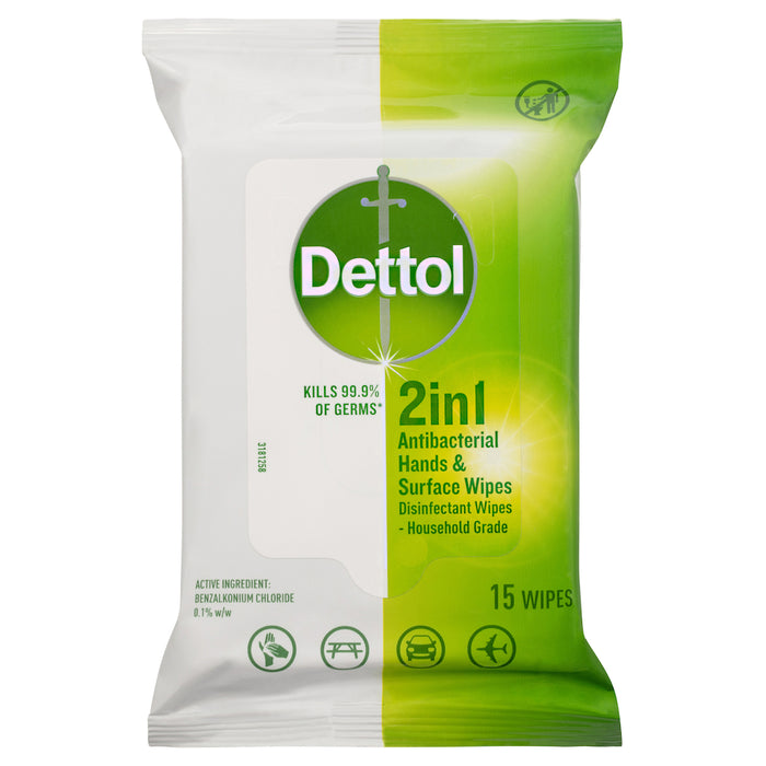 Dettol 2 in 1 Hands & Surfaces Antibacterial Wipes 15