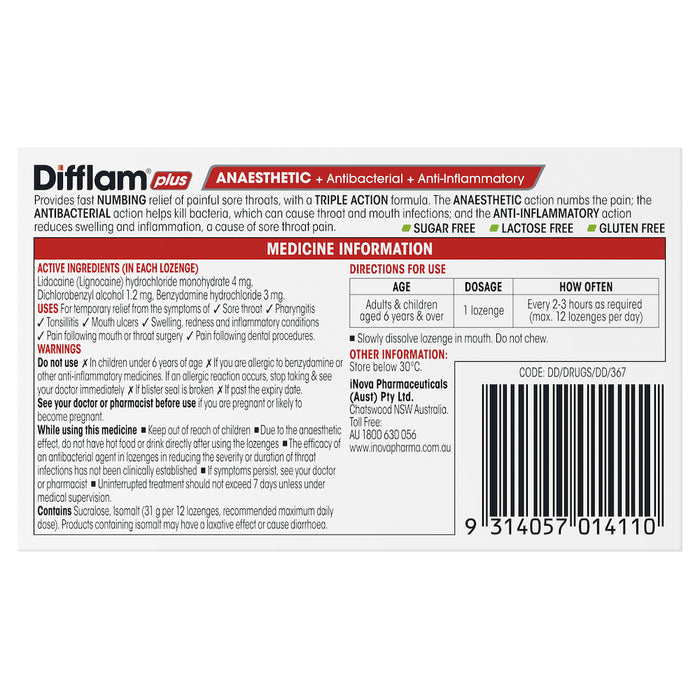 Difflam Plus Anaesthetic Pineapple & Lime Throat  Lozenges 16