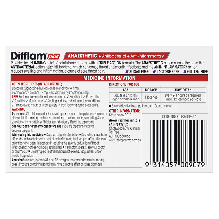 Difflam Plus Sore Throat Lozenge Plus Anaesthetic Blackcurrant 16