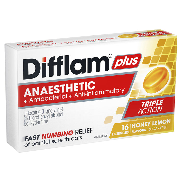 Difflam Plus Sore Throat Lozenge Plus Anaesthetic Honey & Lemon 16