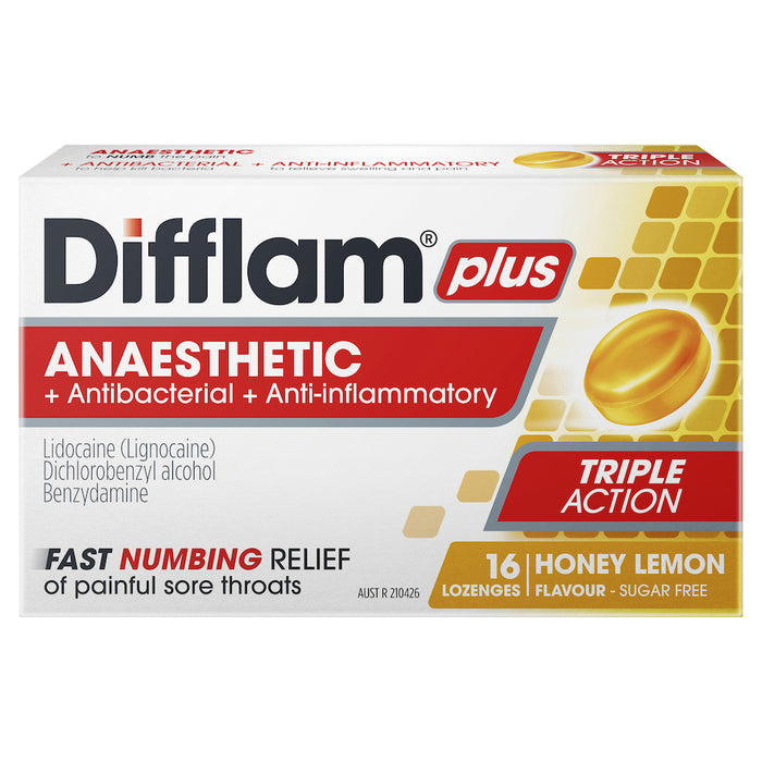 Difflam Plus Sore Throat Lozenge Plus Anaesthetic Honey & Lemon 16