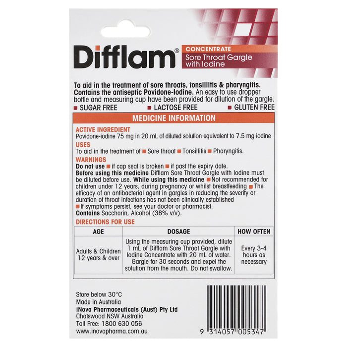 Difflam Sore Throat Iodine Gargle Concentrate Mint Flavour 15mL