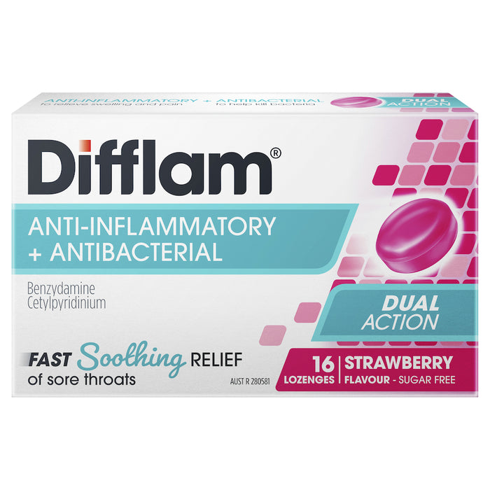 Difflam Sore Throat Lozenges Sugar Free Strawberry 16