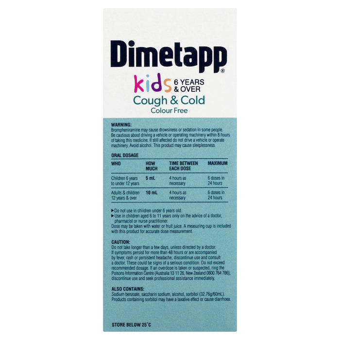 Dimetapp Cough & Cold Kids 6 Years + Colour Free 200ml