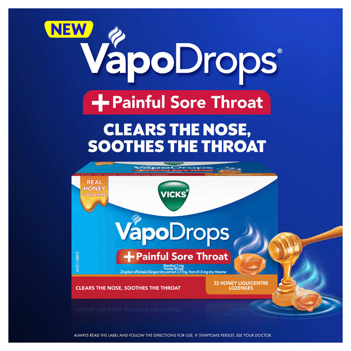Vicks VapoDrops + Sore Throat 16 Honey Liquicentre Lozenges