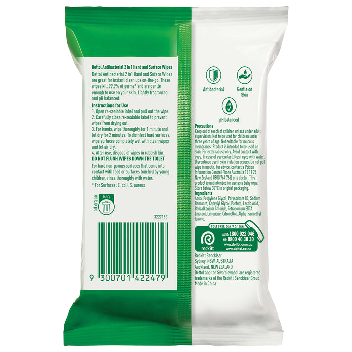 Dettol 2 in 1 Hands & Surfaces Antibacterial Wipes 15