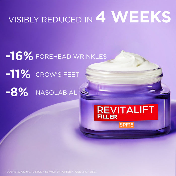 L'Oreal Revitalift Filler + Hyaluronic Acid Deep Replumping Anti-Aging Cream SPF 15 50mL.