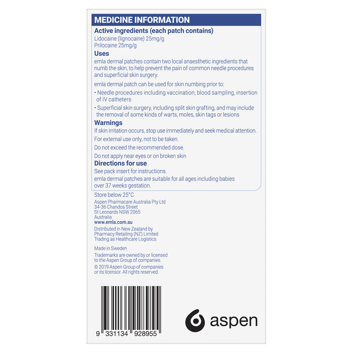 Emla 5% skin numbing patches 20 Pack
