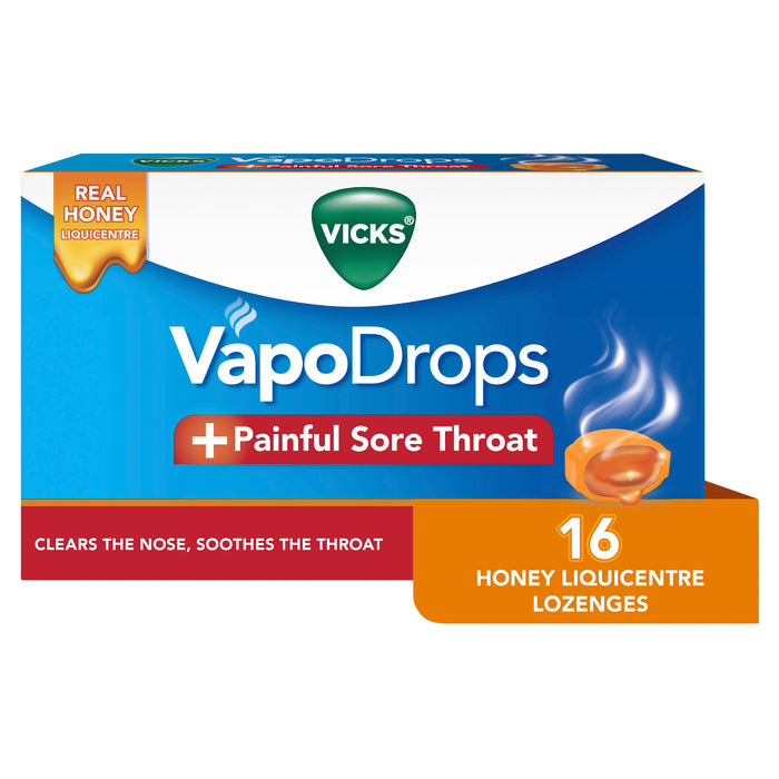 Vicks VapoDrops + Sore Throat 16 Honey Liquicentre Lozenges