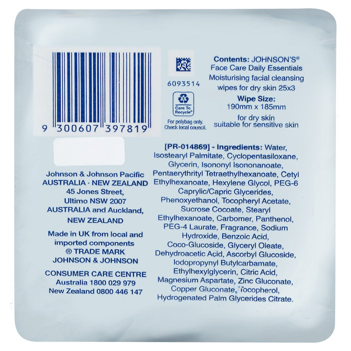 Johnson's Daily Essentials Facial Wipes Moisturising 25x3