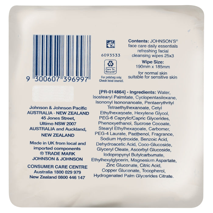 Johnson's Daily Essentials Facial Wipes Refreshing 25x3