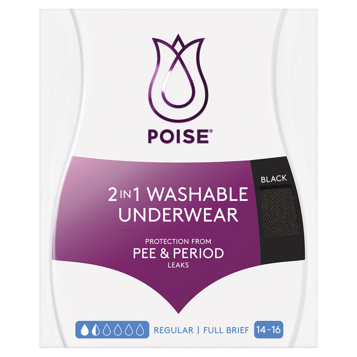 Poise 2 in 1 Washable Underwear Regular Black 14-16