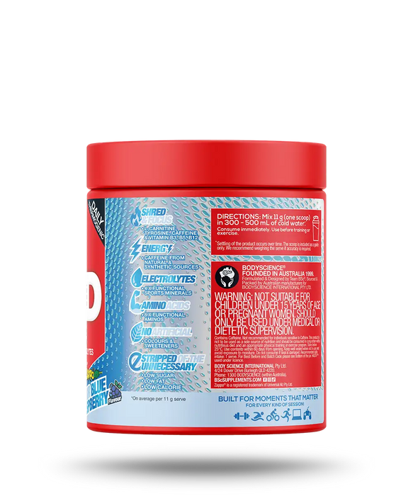 BSc Energy Shred Hydration Zappo Zappo Sour Blue Raspberry Powder  275g.