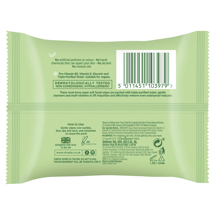 Simple Face Cleansing Wipes 25 Pack